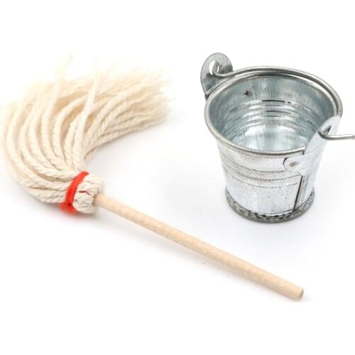 2pcs/set Kitchen Garden Mop Bucket Scale 1:12 Dollhouse Miniature Classic Pretend Play Furniture Cute Toys Creative Gifts