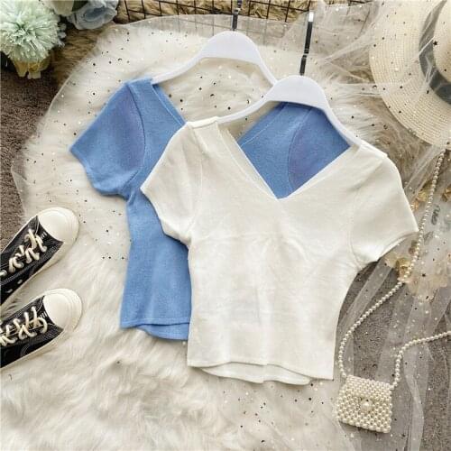 2021 Sexy V Neck Women T Shirt Slim Bodycon Crop Tops Korean Style Woman Blouse Shirts for Women Camisetas De Mujer WPY3053