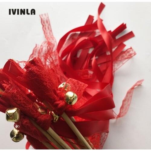 50pcs/lot dark red Lace ribbon wands with sliver bell for wedding decoration