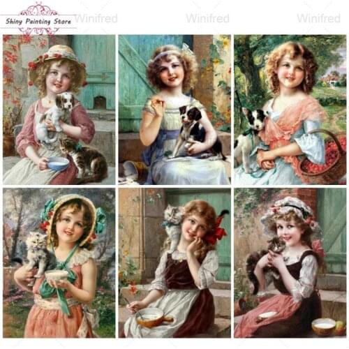Diamond Painting Cross Stitch Kit Girl With Dog Cat Mosaic Full Square Round Diamond Embroidery Girl Portrait Classical Painting