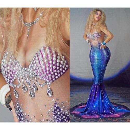 Glitter Crystal Pearls Long Mermaid Prom Dresses 2020 Sexy Illusion Blue African Evening Formal Dress Black Girl Gala Dress