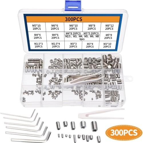 300pcs Stainless Steel M2.5 M3 M4 M5 M6 M8 Hexagon Socket Head Bolts Assortment Kit With 6 Wrenches and 1 Tweezers In A Box