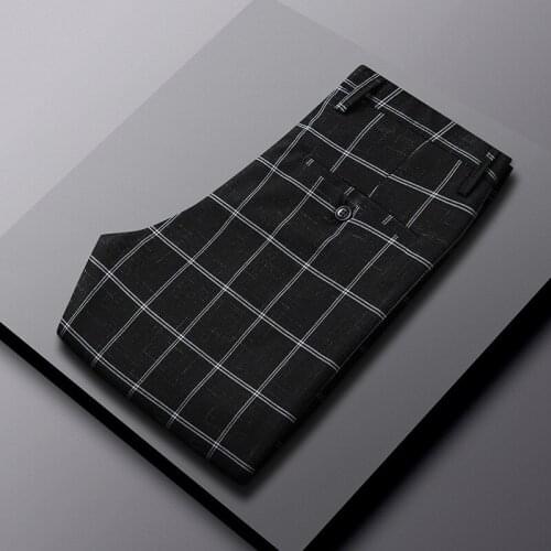 Office Formal Suit Pants Male Trousers Straight Regular Slim Fit Black Plaid Pants Men Business Clothing Autumn spring 2021