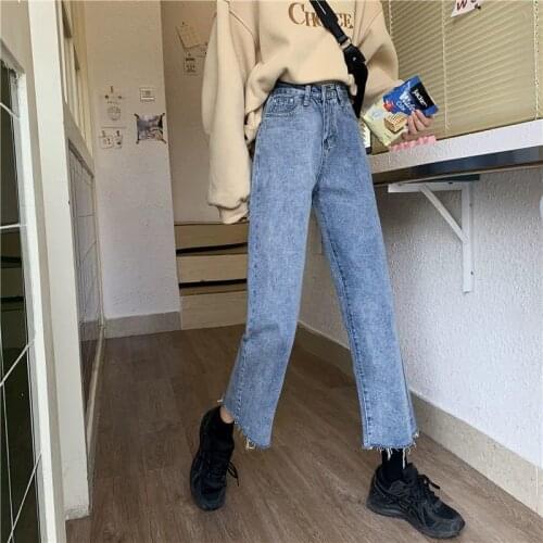 2021 new spring and autumn high-waisted loose jeans womens straight and thin drape all-match wide-leg pants