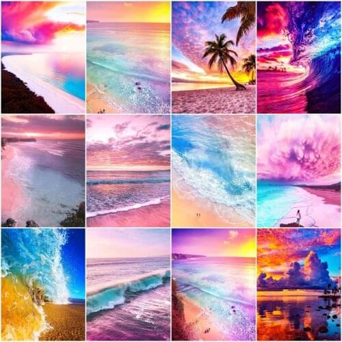 GATYZTORY 5D DIY Diamond Painting Sandy Beach Seascape Sunset Diamond Embroidery Seaside Rhinestones Mosaic Decortion