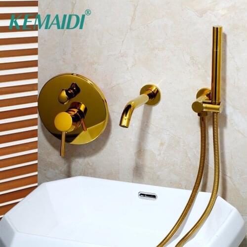 KEMAIDI Golden Plated Wall Mounted Bathtub 2 Functions Bathroom Faucets Shower Set Faucet Mixer Shower Set W/ Hand Spray
