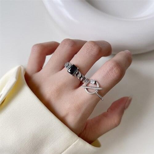 Real 925 Sterling Silver Chain Circle Rings For Women Accessories, Vintage Black Rectangular Stone Ring Female Jewelry 2021
