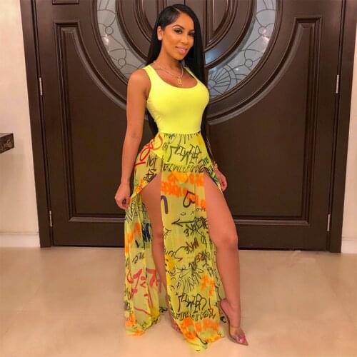 Summer Maxi Dress Cover Up Women O Neck Sleeveless Robes Fashion Sexy Graffiti Print Mesh Patchwork Beach Long Dresses Swimwear