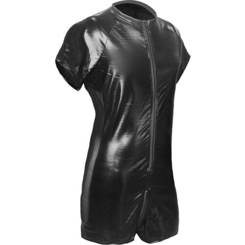 Wet look latex Catsuit Faux Leather Mesh Jumpsuits Black Stretch PVC Bodysuits Sexy Clubwear Men Open Crotch Lingerie Body Suit