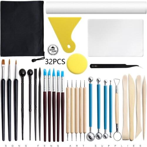 Pottery Clay Tools 32-piece Set, Acrylic Rolling Pin, Pen Bag Storage,Transparent Pressed Clay Board, Clay Modeling Tools