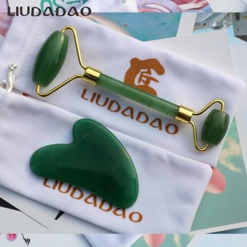 Natural Green Aventurine Jade Face Rollers Massager Set Crystal GuaSha Wands Smmoth Facial Rollers Massager Skin Care Beauty