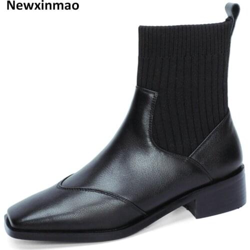 2021 New Female Punk Chelsea Boots Night Club Shoes Woman Genuine Leather Knitting Women Ankle Boots Autumn Winter Short Boots