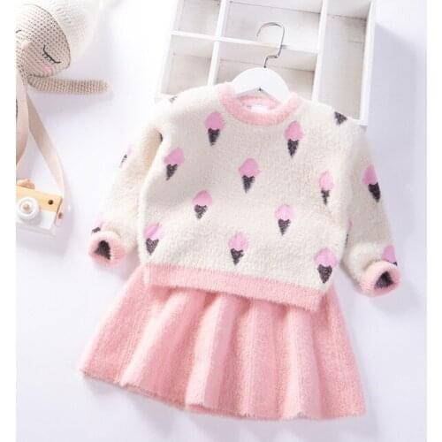 2020 Autumn Winter Preppy style Girls sweater dress Jumper Children Cardigan Clothing Baby velvet Kid Pullover Knitted skirt Set