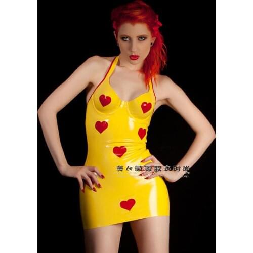 Sexy Woman Yellow Halter Latex Rubber Tight Dress with Red Heart Design Customize