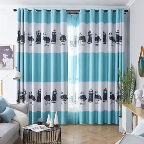 Cute Printed Cat Yellow Curtains for Living Room Window Tulle for Kids Bedroom Shading Fabric Modern Blue Curtain in Kitchen