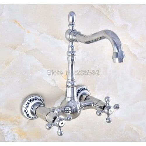 Polished Chrome Brass Dual Cross Handles Wall Mounted Bathroom Kitchen Sink Faucet Swivel Spout Mixer Tap Lnf580