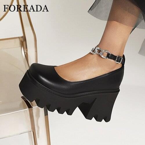 FOREADA Ankle Strap Gothic Shoes PU Leather Platform Block High Heels Pumps Round Toe Chain Buckle Strap Female Footwear 35-43