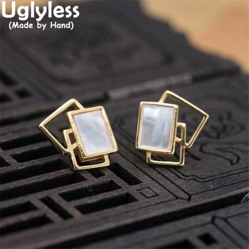 Uglyless Spliced Square Studs Earrings for Women MINI Natural Shell Earrings 925 Silver Modern Fashion Brincos Gold Geometric