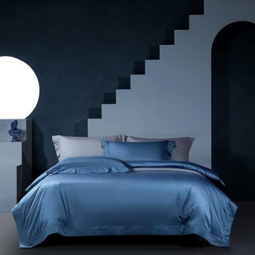 Premium Hotel quality Bedding 100% Egyptian Cotton Solid color Blue Double inlaid Cord Duvet cover sets 4pcs Double Queen King