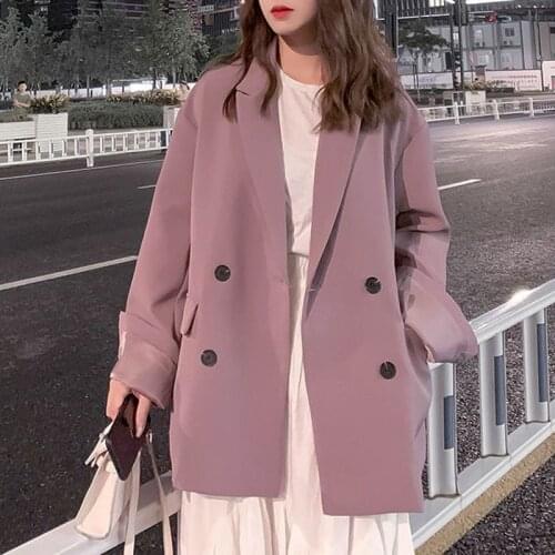 Women Suit female Vintage 2021 Spring Double Breasted Purple Women Blazer Jacket Elegant Pockets Female Outerwear Lady coats