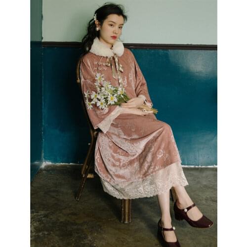 Winter Women Dress Vintage Fur Collar Embroidery Printed velvet improved cheongsam Female bing Chinese Style dress 2020 HOT