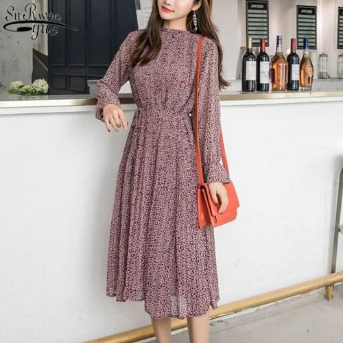 2021 Elegant Stand Collar Floral Print Chiffon Dress Full Sleeve Fashion Women Dresses Spring A-line Long Pleated Dress 3603