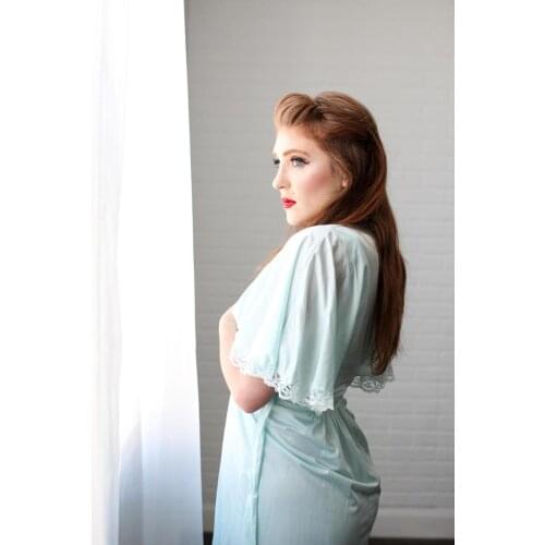 2021 Customized Nightgown Blue Lace Short-Sleeved See-ThroughV-Neck Long Corset Princess Nightgown Robe