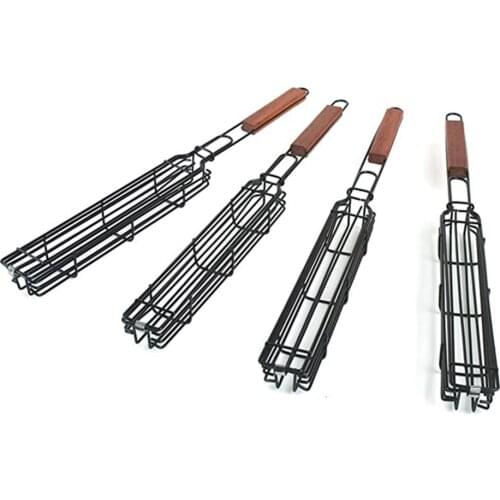 4pcs Barbecue Bar Shape Iron Skewer Basket Practical Barbecue Cage BBQ Mesh Holder Convenient Grill Basket For Party Camping