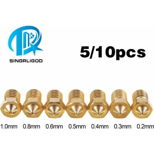5/10pcs M6 Threaded Nozzle Full Metal 0.2/0.3/0.4/0.5/0.6mm Optional for 1.75/3.0mm Filament V5 V6 Hotend Extruder 3D Printer