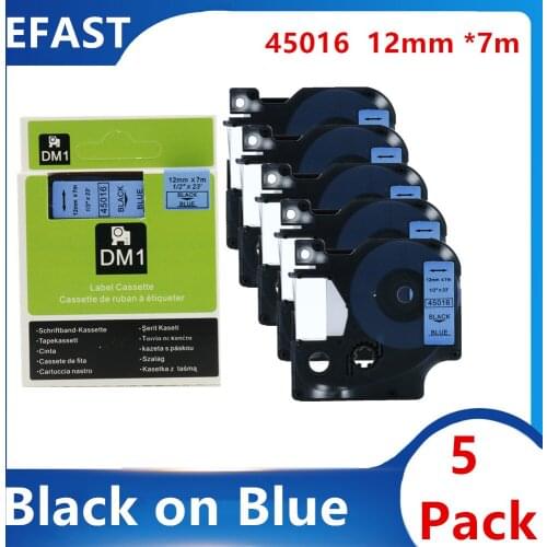 5 Pack 12mm*7m Compatible Dymo Tape D1 Label Tape Black on Blue 45016 for Dymo Label Printer Ribbon Typewriter LabelManger 300