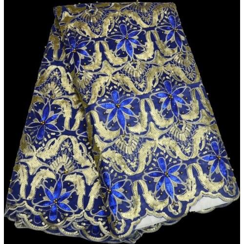 5yards/pc) high quality blue gold African organza lace fabric Nigerian lace fabric with beads sequins embroidery for party OP60