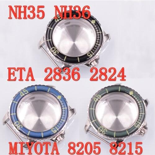 45mm Watch Case Green / Black / blue Bezel 316L SS Fit NH35 NH36 ETA2836 2824 Miyota 8215 8205 Mechanical Movement