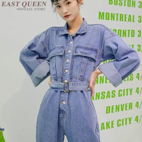 Jean Jumpsuit For Ladies Autumn Bodysuit With Long Sleeves Overalls Button Belt Pocket Loose Casual Denim Women Dungarees AA4903