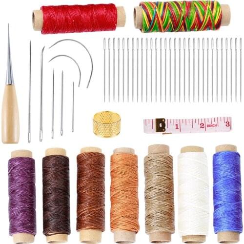 KAOBUY 49PCS Leather Waxed Thread Set And Hand Sewing Needles, Drilling Awl Leather Craft Hand Tools For Leather Repair Working