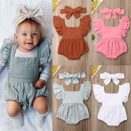 2 Pcs Newborn Baby Girl Clothes Romper Sets Casual Summer Infant Ruffle Short Sleeve Romper + Bowknot Headband Outfits 0-18M