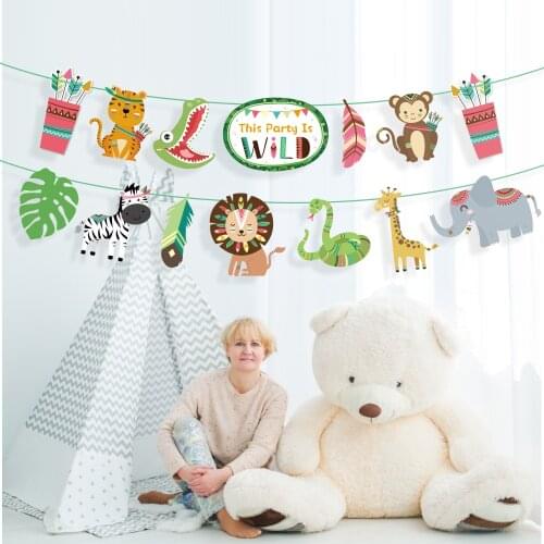 Cartoon Indian Wild Animals Happy Birthday Banners Kids Woodland Birthday Party Favors Baby Shower Wall Bunting Party Supplies