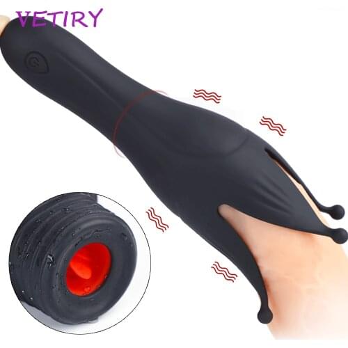VETIRY Male Masturbator Penis Pump Vibrator Tongue Licking Adult Endurance Exercise Penis Delay Trainer 8 Speed Sex Toys for Men
