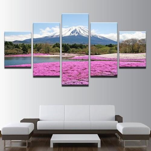 5 Pieces Prints Posters Home Wall Art Decor Pictures Mount Fuji Snow Mountain Pink Flowers Paintings Framework Home Decor