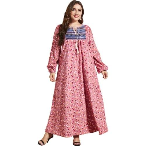 Plus Size Women Folk Embroidery Floral Print Maxi Dress Bohemian Vestidos De Mujer Casual Pink Robe Femme Longue M - XXXL 4XL