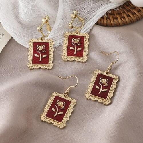 New Rectangle Gold Photo Frame Rose Epoxy Drop Earring Geometry Retro Women Jewelry Gift Vintage Style