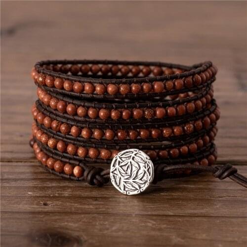Vintage 4mm Gold Sand Beaded Wrap Bracelet Boho 5 Wraps Bracelet Women Bohemian Leather Jewelry Family Gifts Dropship