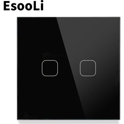 EsooLi Mute switch 2 Gang 1 Way EU/UK Light Switch Wall Touch Sensor Switch,Crystal Glass switch power,luxury Wall Touch