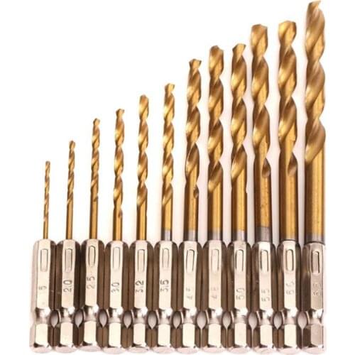 13pcs/lot HSS High Speed Steel Titanium Coated Drill Bit Set 1/4 Hex Shank 1.5-6.5mm High Quality For Electric Drill
