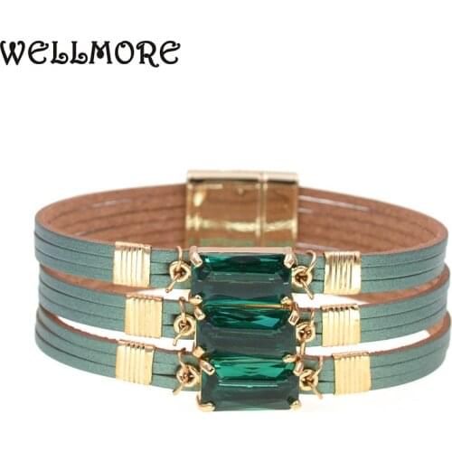 WELLMORE NEW fashion glass bracelets leather charm bracelets for women Luxury party Statement Jewelry Wholesale drop shipping