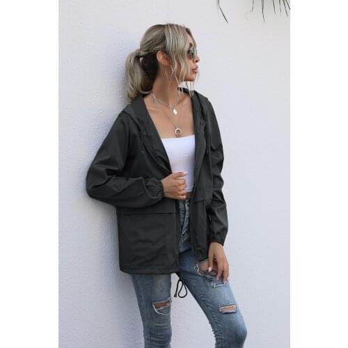 Womens V-neck Drawstring Sleeve Hood and Drawstring Pure Color Casual Loose Comfortable Fashion Windbreaker