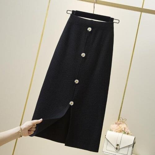 2021 Autumn Winter Womens High Elastic Waist Faldas Lady Solid Package Hip Pencil Skirt Female Button Stretch Knit Skirts Q211