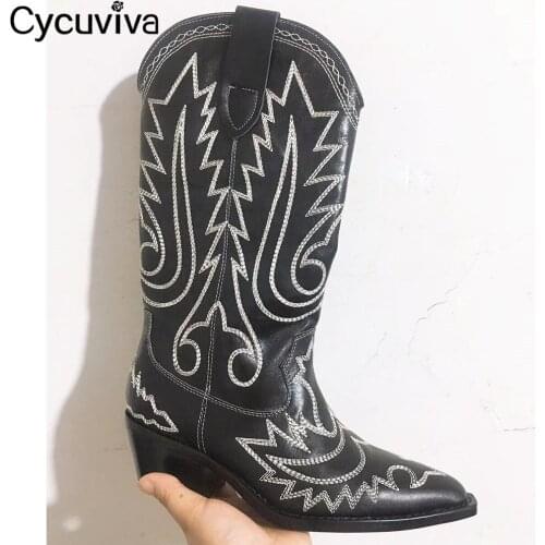 Pointy toe Knee High boots for Women Chunky Heel Long Boots Designer Chelsea Boots Ladies Embroidered Leather Boots Winter Shoes