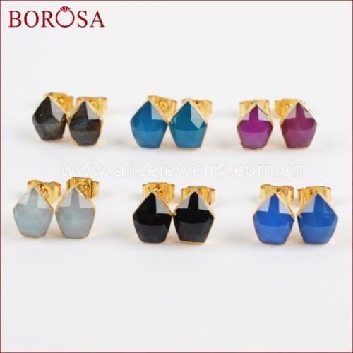 BOROSA Gold Color Multi-kind Stone Faceted Stud Earrings Druzy for Women, New Arrival Druzy Earrings Gems Jewelry Party G1329