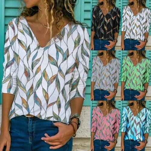 Women V-Neck Loose Pullover Shirt Ladies Fashion Print Long-Sleeved T-Shirt 2021 Spring And Autumn New Vintage Casual Streetwear