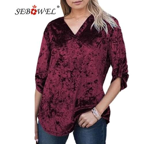 SEBOWEL 2021 Spring Autumn Womens V Neck Roll-tab Sleeve Velvet Top Female Casual Loose Long Sleeve Tops Shirts S-XXL